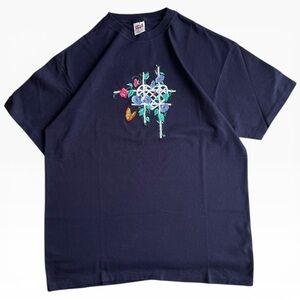 Vintage Anvil Navy Blue Single Stitch Cotton Embroidered Flowers Tee T-Shirt XL